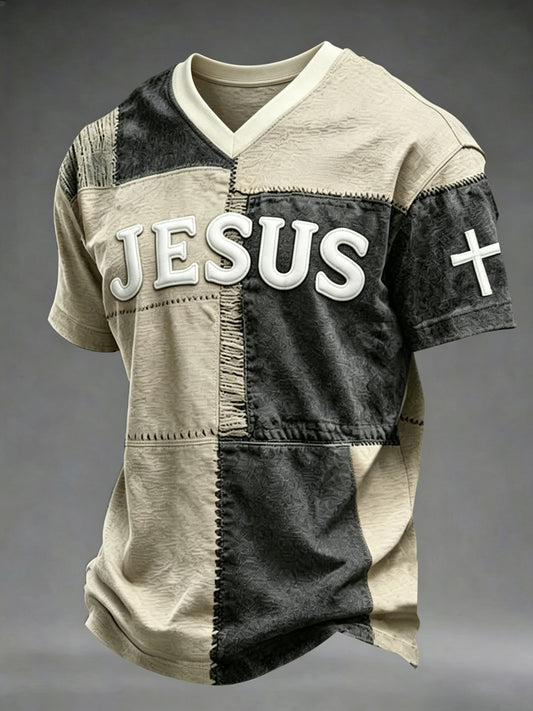 Men's Christian Cross Print V-Neck Tee