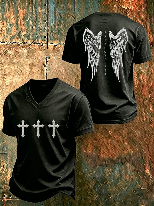 Men's Christian Faith Over Fear Cross V-neck Short Sleeve T-shirt