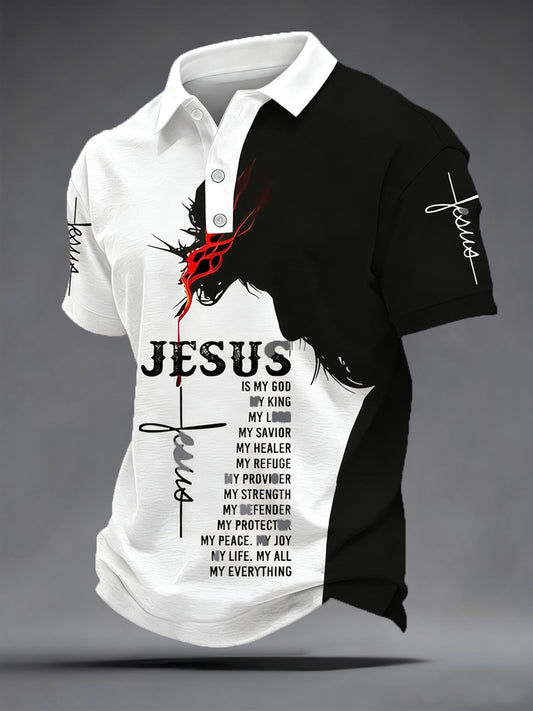 Men's Jesus Print Colorblock Print Casual Polo