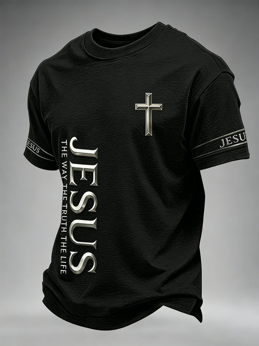 Men's Christian Jesus The Way The Truth The Life Cross Print Short Sleeve T-shirt