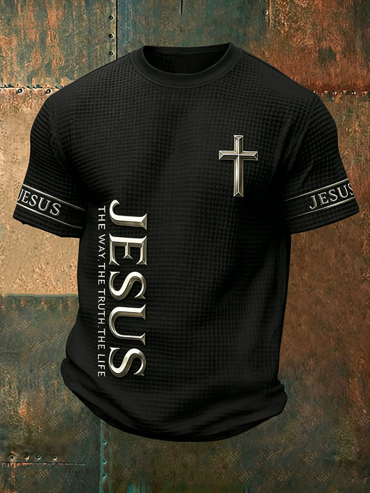 Men's Christian Jesus The Way The Truth The Life Cross Waffle Short Sleeve  T-shirt