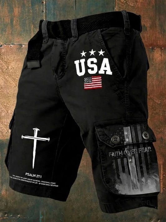 Men's Psalm 27:1 American Flag Cross Faith Over Fear Christian Printed Shorts