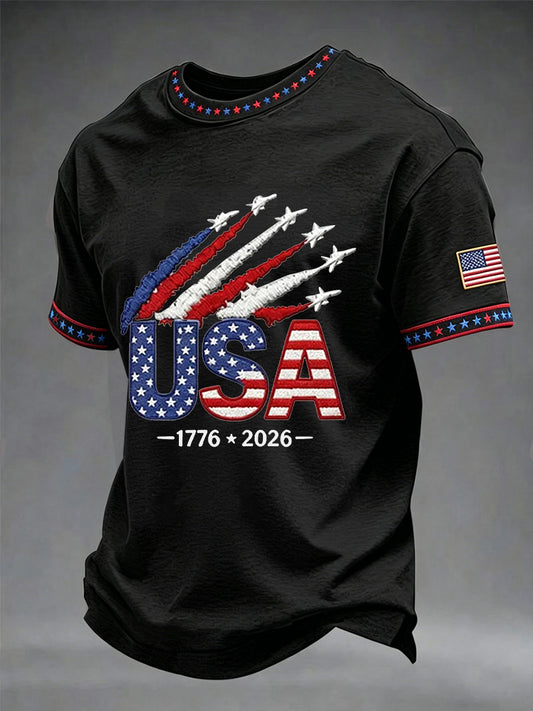 Men's Vintage Independence Day Flag Printed Short Sleeve T-shirt