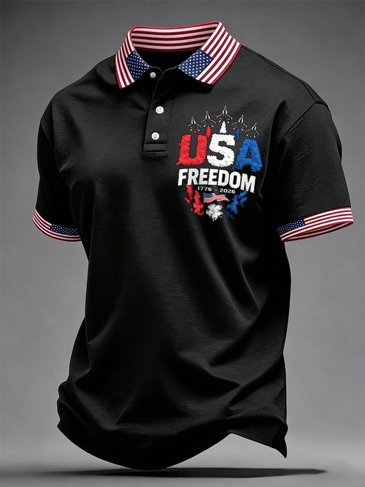 Men's Independence Day USA Flag Jet Print Casual Patriotic Polo