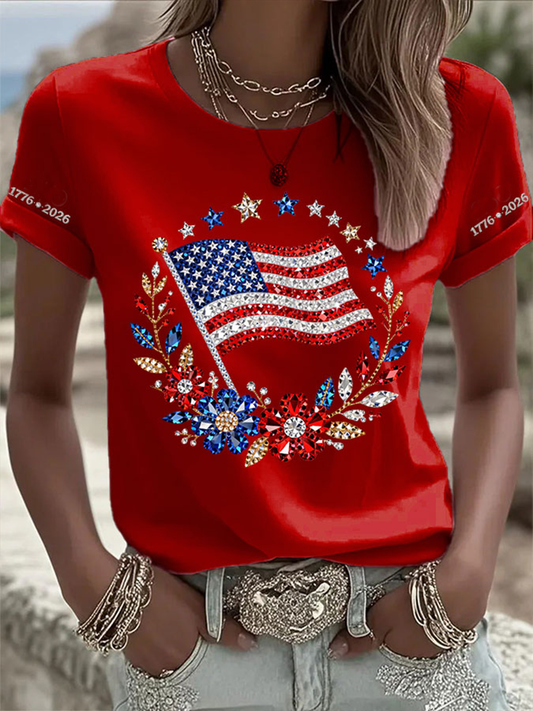 Women's American Flag Flowers Short-sleeved T-shirt