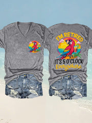 Women's  I'm Retired It's 5 O'clock Everywhere Parrot Print Casual V-Neck Tee