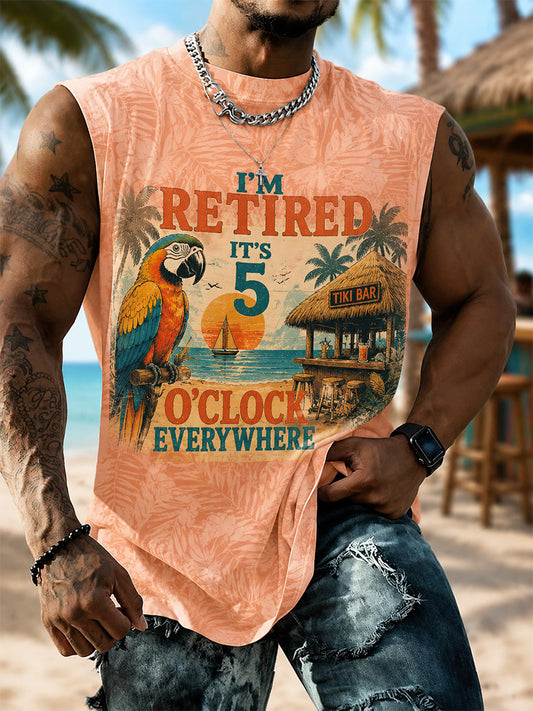Men's I'm Retired It's 5 O'clock Everywhere Parrot Print Casual Shorts Vests