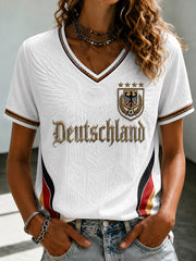 Women's Deutschland Football Fan Printed V-neck T-shirt