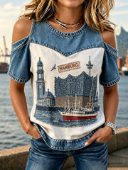 Women's Hamburger Hafenlandschaften Print Denim Patchwork Top