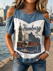 Women's Hamburger Hafenlandschaften Print Denim Patchwork Top