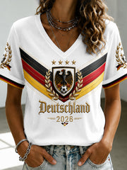 Women's Deutschland Football Fan Printed V-neck T-shirt