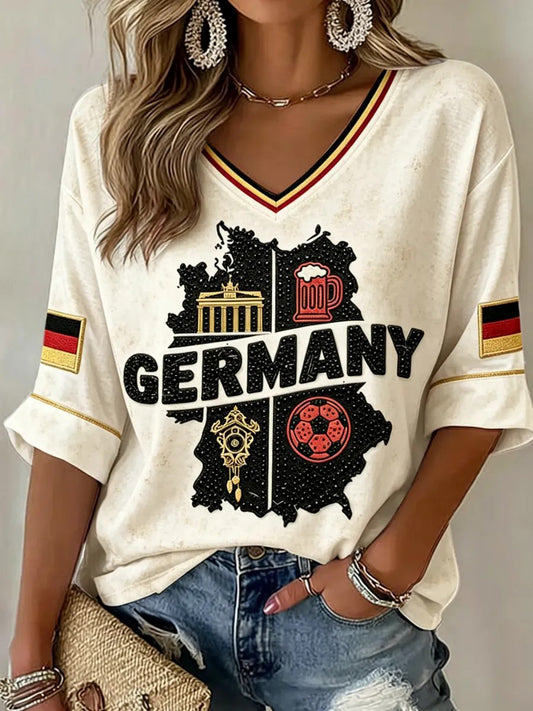 Women's Germany Football Fan Print V-Neck T-Shirt
