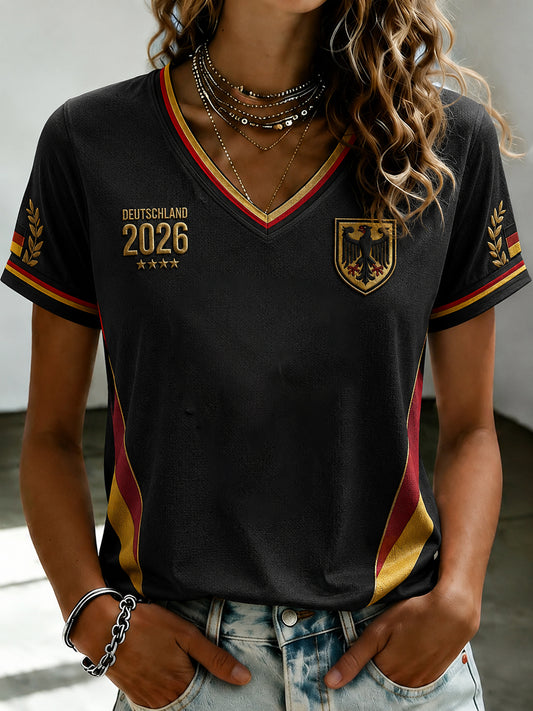 Women's Deutschland Football Fan Printed V-neck T-shirt
