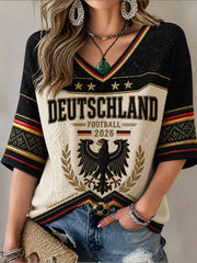 Women's Germany Football Mid-length Sleeves V-Neck T-Shirt