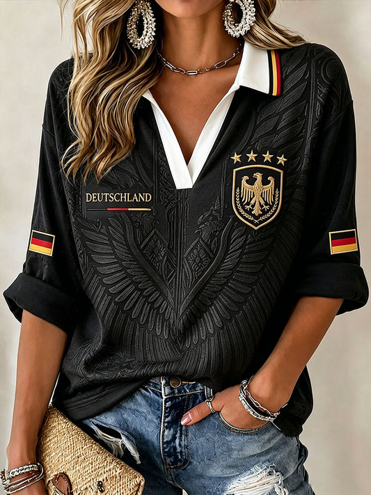 Women's Germany Football Mid-length Sleeves V-Neck T-Shirt