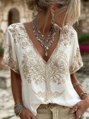 Women's Classy Tree of Life Floral Art Print linen short-sleeved T-shirt