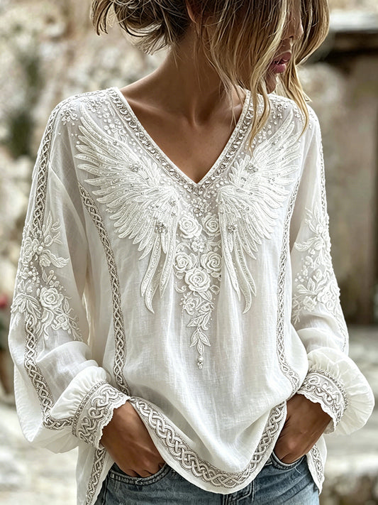 Women's Classy Floral With Wings Celtic Knot Print V Neck Cotton-Linen Shirt