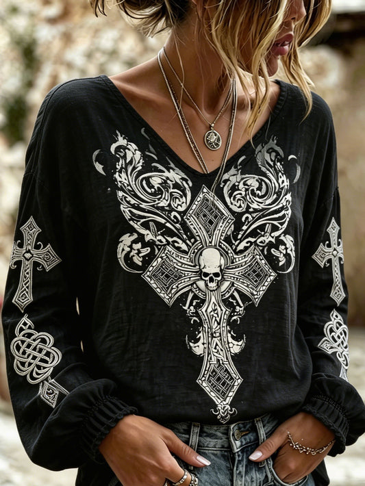 Women's retro Viking skull pattern printed casual cotton and linen shirt
