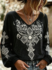 Women's retro Viking skull pattern printed casual cotton and linen shirt