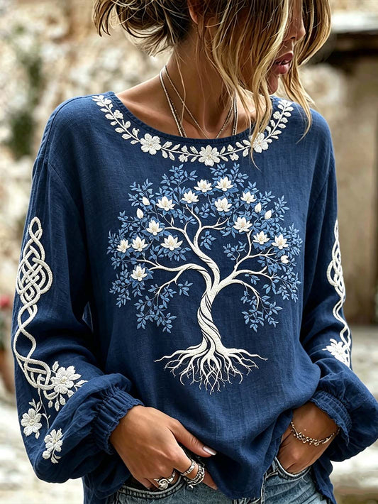 Women's Viking retro pattern printed casual cotton and linen shirt