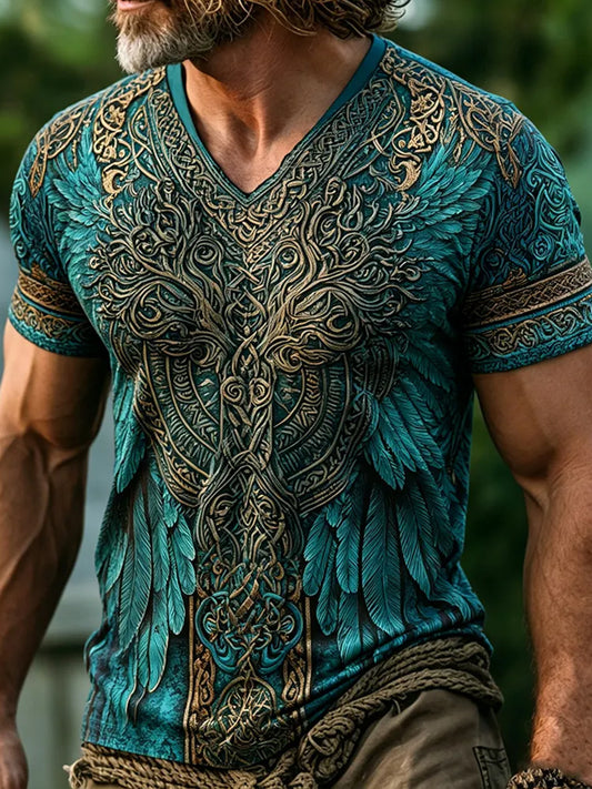 Men's Vintage Viking Tree Of Life With Wings Print V-neck T-shirt