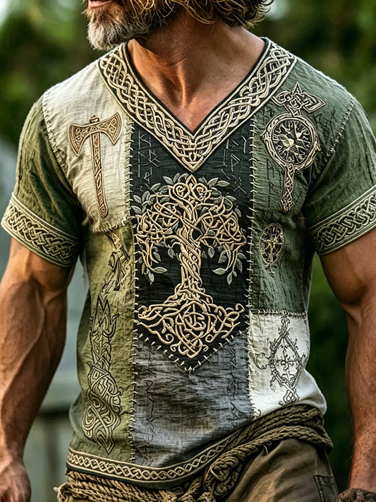 Men's Viking Inspired Tree Of Life Patchwork Print Short Sleeve Shirt