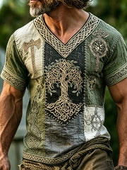 Men's Viking Inspired Tree Of Life Patchwork Print Short Sleeve Shirt