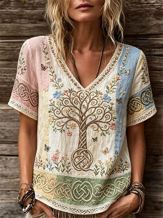 Women's Vintage Floral Tree of Life Celtic Knot Colorblock Print linen short-sleeved T-shirt