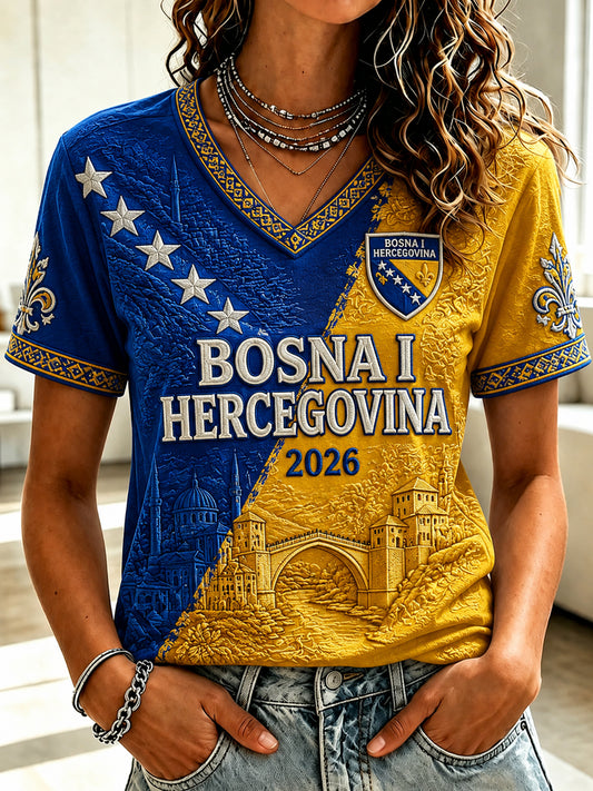 Women's Bosnia Football Lover Art Printed Casual Short Sleeve T-shirt