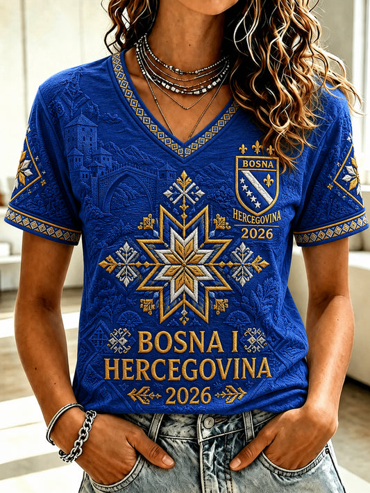 Women's Bosnia Football Lover Art Printed Casual Short Sleeve T-shirt