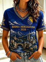 Women's Bosnia Football Lover Art Printed Casual Short Sleeve T-shirt