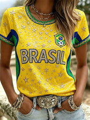 Women's Brasil Football Stars Flag Colorblock Glitter Print short-sleeved T-shirt