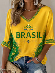 Women's Brasil Print Casual Half-Sleeves V-Neck T-Shirt