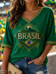Women's Brasil Print Casual Half-Sleeves V-Neck T-Shirt