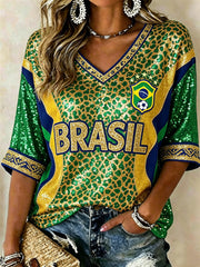 Women's Brasil Football Leopard Flag Colorblock Glitter Print Mid-length Sleeves V-Neck T-Shirt