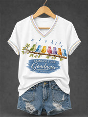 Women's I Will Sing Of The Goodness Of God Psalm 89:1 Christian Bird Print Casual V-Neck Tee