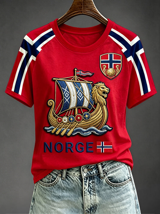 Women's Norwegian Football Inspired Viking Longship Print Round Neck Short Sleeve T-shirt