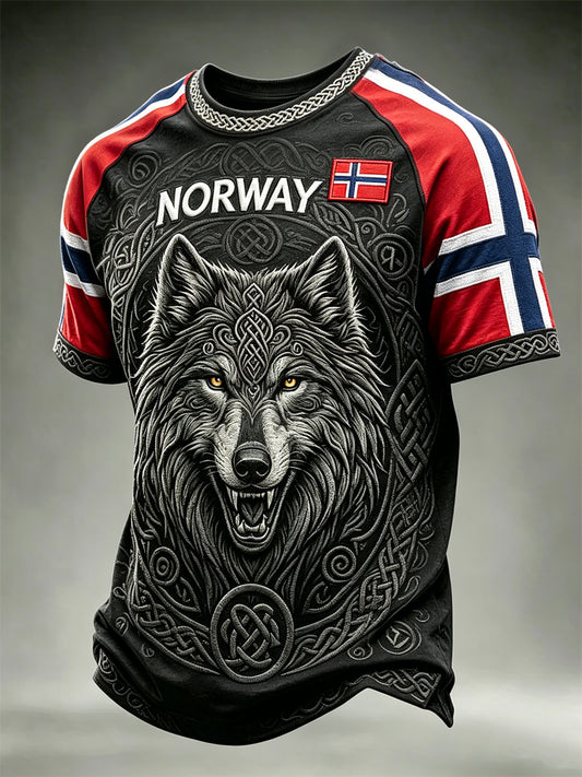 Men's Norway Viking Wolf Fenrir Celtic Knot Flag Print short sleeves t-shirt