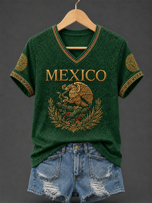 Women's  Mexican Pride Printed Casual V-Neck Tee