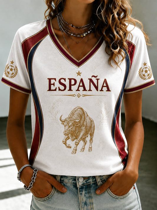 Women's Spanish Football Printed V-neck T-shirt