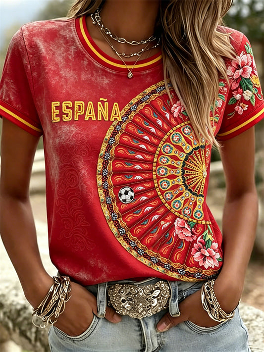 Women's 2026 Spain Team Floral Ethinic Fan Print short-sleeved T-shirt