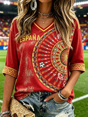Women's Spain Floral Fan Art & Football Print Mid-length Sleeves V-Neck T-Shirt