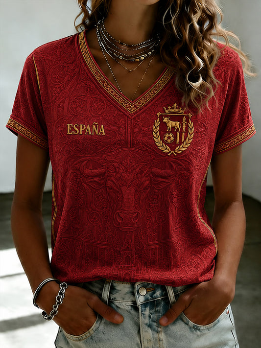 Women's Spanish Football Printed V-neck T-shirt