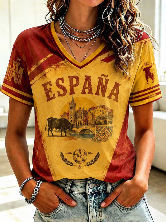 Women's Spanish Football Printed V-neck T-shirt