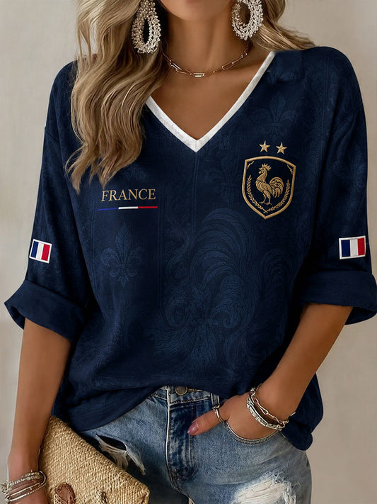Women's France Football Mid-length Sleeves V-Neck T-Shirt