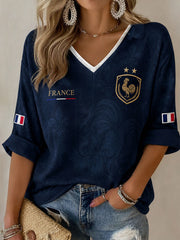Women's France Football Mid-length Sleeves V-Neck T-Shirt