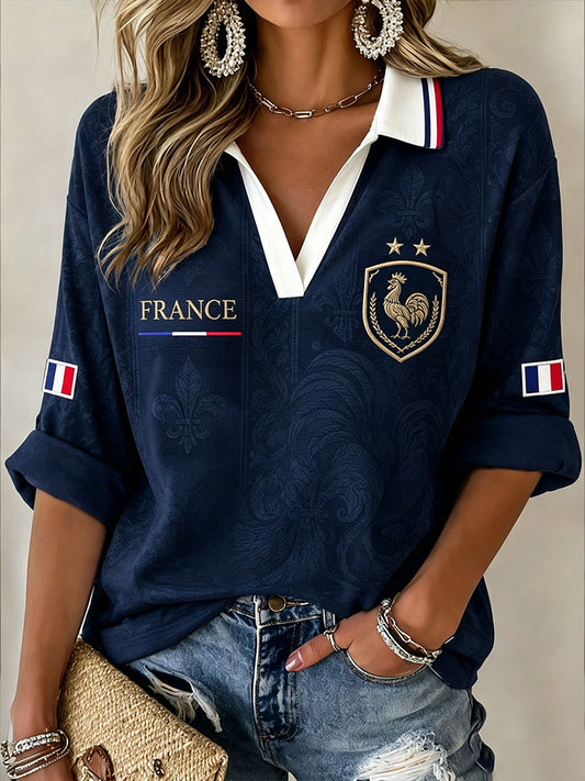Women's France Football Mid-length Sleeves V-Neck T-Shirt