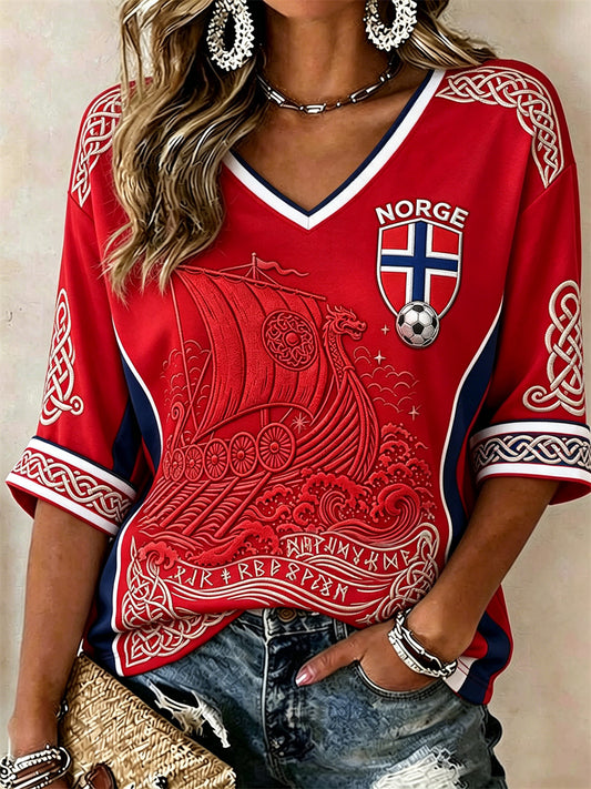 Women's Norway Football Viking Ship Celtic Knot Flag Print Mid-length Sleeves V-Neck T-Shirt