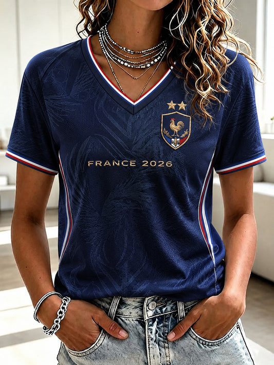 Women's France Football Printed V-neck T-shirt