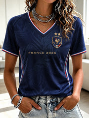 Women's France Football Printed V-neck T-shirt